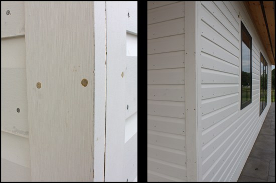 Boral 1-by outside corner trim were installed with stainless steel screws, 16‑inch-o.c. Auto-body filler was used to fill the nail holes (photo left). The Dutch lap siding was nailed off 14 inches o.c. along snapped lines (photo right).