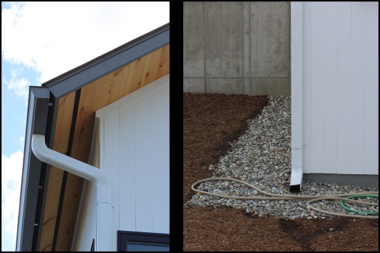 Frieze board trim was installed at siding-to-soffit junctures. A gutter system (photo left), as well as a band of stone around the whole building greatly reduced back-splashing onto the siding and fiberglass-reinforced plastic protection barrier at grade (photo right).
