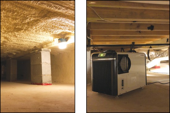 Figure 1. Spraying the underside of this concrete porch floor with foam insulation is a necessary step in turning the crawlspace beneath into conditioned space (left). With a slab over the crawlspace’s vapor barrier and with lighting and dehumidification, the space is easier for the homeowner to maintain (right).