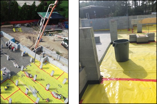 Figure 10. On a large project, the crawlspace slab is typically poured in sections (left); visible around the base of the piers is black 1/2-inch-thick Nomaflex expansion joint material (right).
