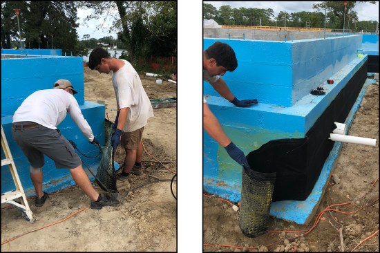 Figure 14. …then covered with Arroyo dimple-mat drain board glued to the walls with Quick Grip spray adhesive (left, right).