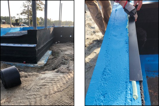 Figure 15. The masonry shelves are flashed with Home Stretch detail tape (left), while the tops of the walls are capped with aluminum flashing bedded in sealant (right).