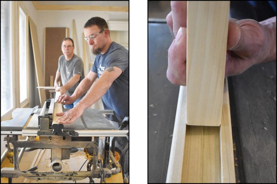 A table saw fitted with a dado head was used to cut the baluster channel in the underside of the rails (left, right).