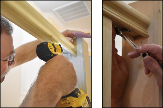 After checking the fit, a worker drills holes for the pocket screws that will be used to fasten the rails to the posts (left, right).