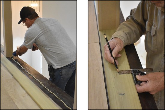 A piece of poplar was installed between the newel posts to cover up the existing baluster holes. A continuous bead of construction adhesive was applied before the poplar “plate” was nailed in place (left). The author laid out the balusters using a combination square as a marking gauge (right), then drilled 1/4-inch-diameter pilot holes for the dowel screws.