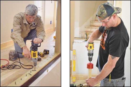 A special driver bit was used to install dowel screws (left), while a cup-shaped drilling guide helped center the holes in the balusters (right).