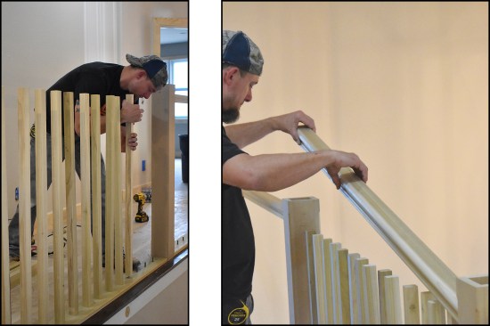 After twisting the balusters down onto the dowel screws (left), a worker fit the railing (right).
