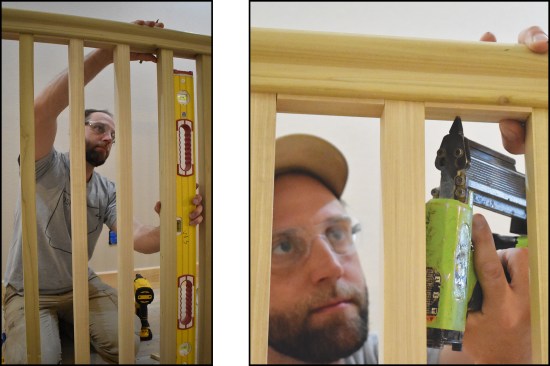 The balusters were occasionally checked for plumb (left) while poplar fillets were installed to lock the balusters in place (right).