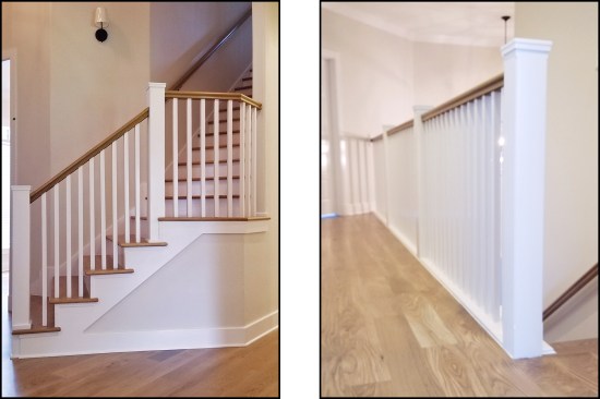 The posts and balusters were painted, while the rails were stained to match the stair treads (left, right).