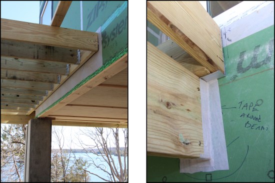 Figure 4. Ledgers were lag-bolted through spacers to the elevated floor’s triple LVL rim beams spanning the piers (left). Fentrim flashing tape was used for both water- and air-sealing. Here, it air-seals a deck beam pocketed into a wall (right).