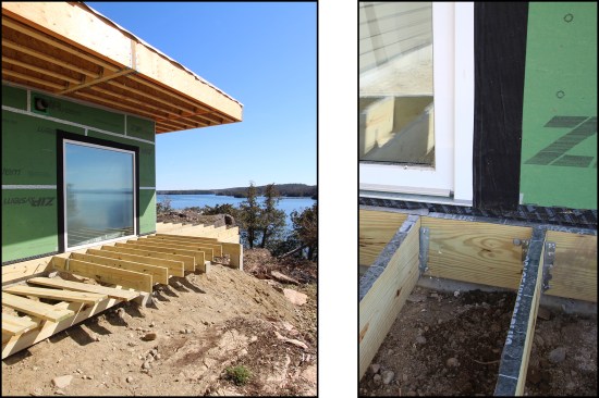 Figure 5. In the slab-on-grade areas, the wider grade-level deck section was framed with beefier 2-by stock (left). Threaded rod set in adhesive attached the ledgers to the top of the frost walls (right). Peel-and-stick capped the 2-by stock.