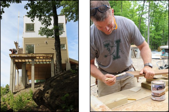 Figure 6a. The ipe decking was installed on the elevated deck area first (left). Cut ends were sealed with Ipe Seal (right).