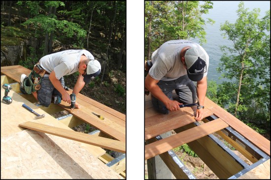Figure 6b. The decking was predrilled for stainless steel trim screws (left). A couple of 8d nails helped uniformly gap the boards (right).