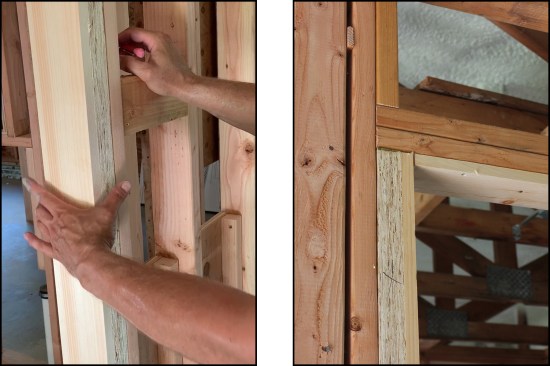 Each rough opening was framed with LSL jack studs and padded out with 1-by stock so the drywall could run “long” into the opening (left, right).