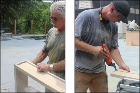 The head piece laps over the jambs. The author dryfit the head and jamb stock and marked the material to be removed (left). Carpenter Ed Brady used a multi-tool to notch out material on the head piece to create 1/2-inch returns, which would allow it to slip around the wall (right).