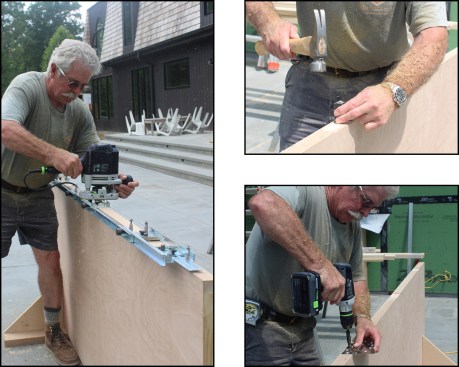 With the door set upright on its side in custom-built door stands, the hinge locations were routed using a Porter-Cable hinge butt template kit (left). A corner chisel squared up the routed hinge locations (top right). After predrilling the screw holes, the author fastened the hinges to the door jamb with manufactured-supplied screws (bottom right).