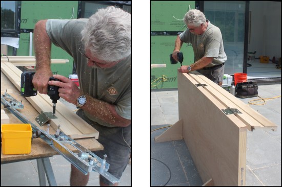 The author installs the door hinges on the routed hinge-side door frame (left) and fastens the frame to the door (right).