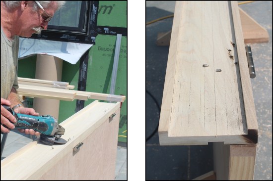 The screws (which ran about 3/8 inch long) were cut flush to the back of the door frame using a cordless angle grinder with a cut-off wheel (left, right). (After installation, one screw at each hinge is later replaced with a 3-inch-long screw driven into the framing.)