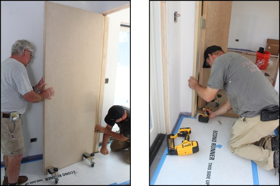 Working inside, the author and Brady position the door and frame assembly into place hands-free using a pair of Door Studs (left). Brady sets the hinge-side frame with three 2 1/2-inch-long screws at the top, middle, and bottom (right).