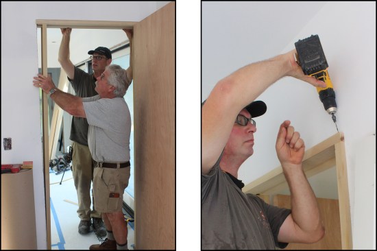The strike-side piece is installed last (left). The header-to-jamb joints are fastened from the top with 2 1/2-inch-long finish screws (right).