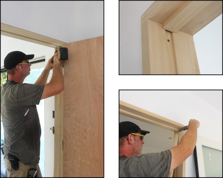 The header and strike-side frames are then set with three 2 1/2-inch-long flat-head screws (left). Starting at the head, Brady fastens the door stops in place with 2-inch-long 18-gauge finish nails (top right). A scribing tool helps in marking the location of the door stop piece at the jamb (bottom right).