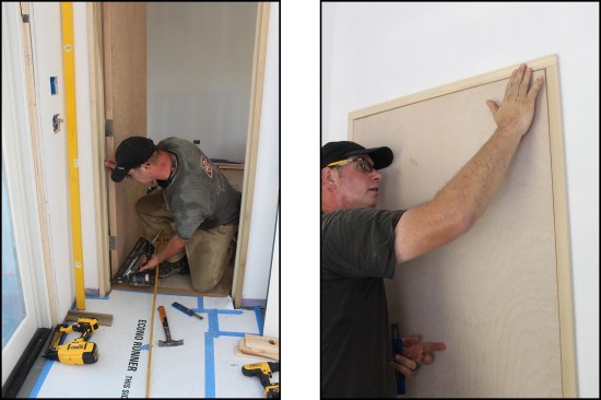 Brady nails off the hinge- and strike-side door stops (left), then checks the assembly to verify the closed door planes in perfectly with the frame (right).