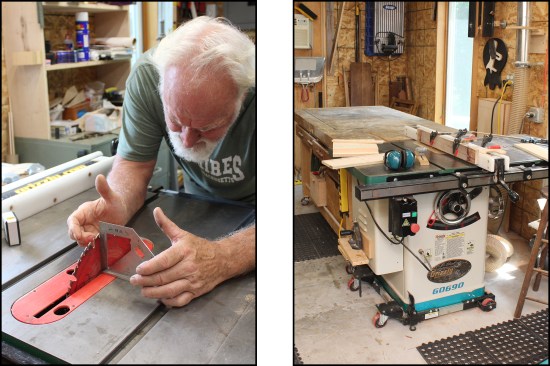 The author checks the blade alignment with a manual square (left). Central to his home-based shop is his cabinet saw with an adjacent workbench that serves as the outfeed table (right).