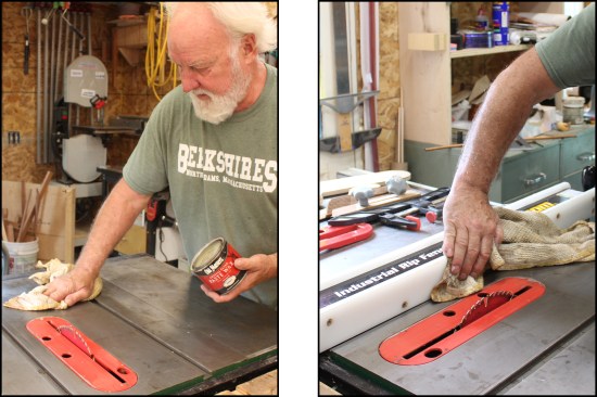An application of ordinary paste wax minimizes surface friction and provides moderate rust protection to the cast iron saw top (left). Wax is also applied to the face of the fence (right) and any various jigs used to make specific cuts.