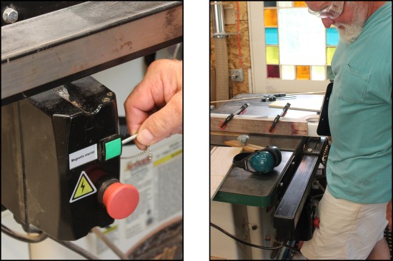 A switch key locks out unwanted saw activation when the author is setting up or changing blades (left). When done cutting stock, turn the saw off immediately; since both hands are often engaged up top, the author likes the ability to shut the saw off with a nudge of his thigh (right).