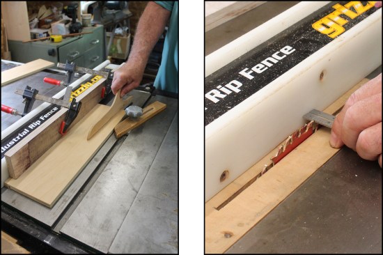 A hold-down clamped to the fence ensures a consistent depth of cut while a feather board held against the workpiece prevents lateral drift; a push stick is used to drive the workpiece past the blade (left). A small steel ruler is more legible than a tape, whose hook partly obscures increments below the 1/2‑inch mark (right).