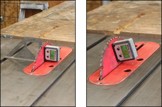 A digital angle indicator ensures the accuracy of bevel cuts (left, right).