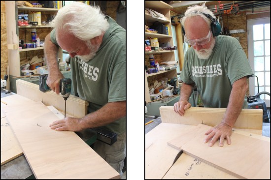 With an angle aligned to the sled’s kerf, the author affixes a temporary fence (left) for identical repeat cutting (right).