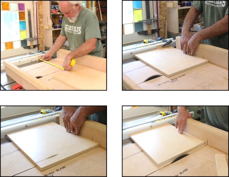In this repeat-cut setup, a fall-off block clamped to the fence greatly reduces the chance of post-cut jams between the fence and blade. The desired cut is measured between the sled kerf and block (top left), then the workpiece is cut with the sled with its edge riding along the fall-off block (top right). Deeper into the cut, the workpiece rides past the fall-off block (bottom left), which provides a roughly 1/2-inch space to slide the workpiece away from the blade (bottom right).
