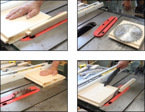 Here, ripping a scrap of spruce with a sharp crosscut blade produces scorch marks on the lumber (top left). The crosscut blade is swapped out for a ripping blade (top right, bottom left) and produces a clean cut (bottom right).