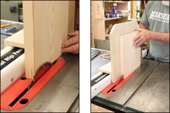 For this test-piece tenon, the author first adjusts for depth of cut against the layout line (left). To safely cut a tenon while preventing unwanted movement, clamp the workpiece to a simple tenoning jig (right).