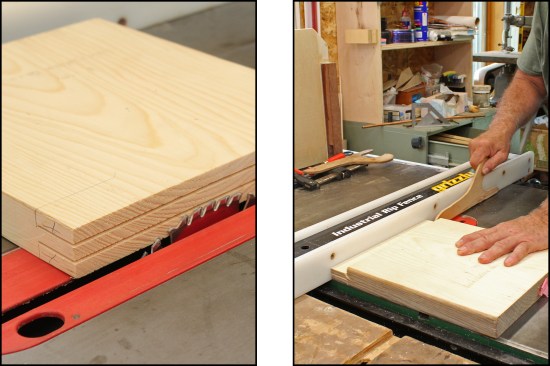 After readjusting the blade height (left), complete secondary shoulder cuts directly against the fence. To guard against violent waste-piece ejection, use a push stick to drive it past the blade (right).