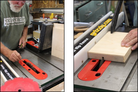 To avoid interference and inaccuracy, adjust the throat plate to be flush with the surrounding saw table (left). Set to depth, the dado blade cuts a wide kerf, sized to snugly fit the tenon (right).