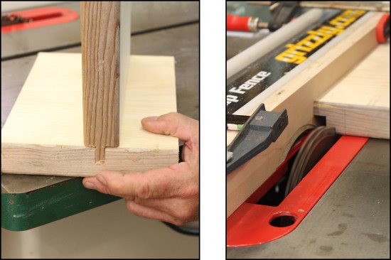 As a hedge against miscalculation, the tenon can first be run long, then trimmed to the precise depth of the slot. This joint is ready for glue (left). The dado blade is also used to remove material in several passes (right) …