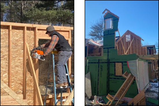 The second-floor wall framing is demoed to make way for a revised framing solution (left, right).