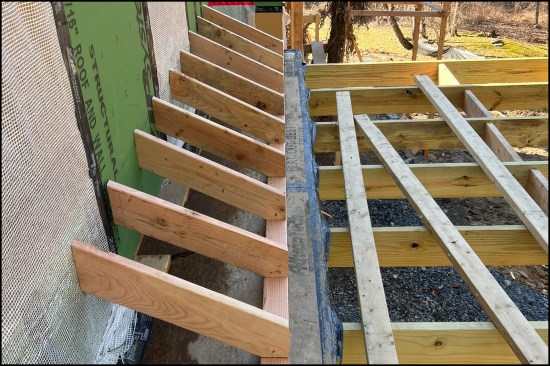 A small 2x6 framed roof was installed the second-floor deck, the framing held back from the edge to allow for the placement of the 19 1/2-foot-long rough gutter.