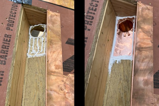 Custom-built copper drop tube were installed at each end of the gutter (at a 1/8-inch-per-foot slope, the gutter’s depth varied about 1 1/4 inches from the center high point to the outside-end low points). Here, the 1-by trough bottom was routed to plane the flashing in to the rough gutter to avoid ponding (left), then the copper flange was set in sealant (right).