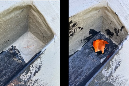 With the base coat dry, the dark-colored finish coats were applied. Here, the reinforced base coat is slit at the drop tube (left), the cut folds worked in with the finish coat (right) …