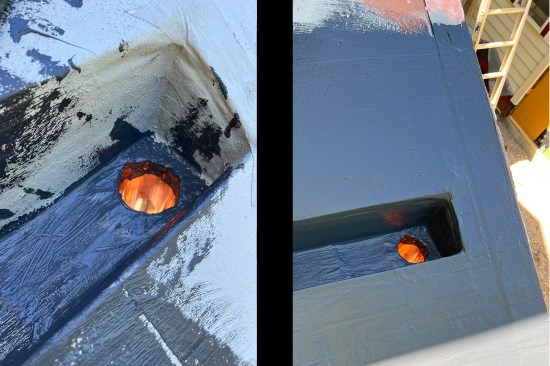 … down in to the copper drop tube (left). The completed Acrylabs application, which dries to an approximate 45-mil thickness (right).