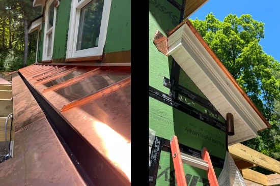 The completed standing-seam copper roof (left). The ends of the built-in gutter extend beyond the building line below—the copper drop tubes ‘drop’ down from the roof overhang above (right). Copper downspouts will be installed later, as well as a copper gutter and downspout on the shed-dormer roof above.