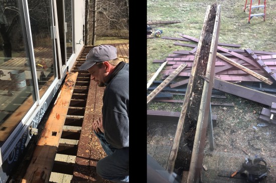 While removing the existing decking (left), crew members discovered the home’s original 4x12 fir beams were encased in pressure-treated stock, not flashed, and severely deteriorated (right).