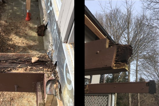 The beam ends supporting the perimeter guardrail with integral seating were particularly rotted and unsafe (right). At the house end, fortunately, the rot hadn’t migrated under the conditioned space and compromised the structural integrity of the home (left).