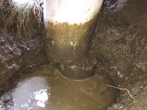 Frost action and the movement of heavy, saturated soil cracked this existing foundation pier, which apparently lacked any steel reinforcement.