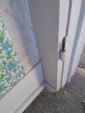 Before the door casing can be removed, the carpet mold and baseboard need to come off.