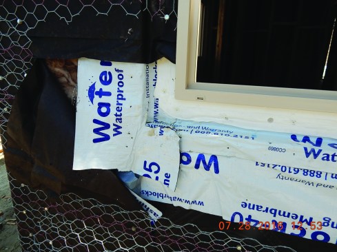 This window was torn apart after the windows on a new home started leaking. Without a good flashing design provided on the plans, the installers simply applied peel-and-stick to the outside face, without bothering to first bend pieces into the corners or use pre-fit flashing corners.