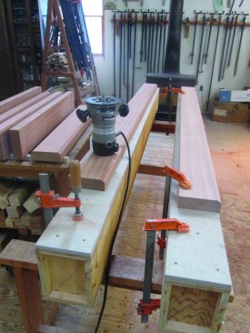 Starting out with dimensioned stock, the author uses a 7/16-inch quarter-round bit set to depth for a 1/8-inch step to mold one edge of each piece of the stile and rail stock. When you’re cutting the panel rabbet in the stiles and rails, it’s critical that the step in the molding and the edge of the rabbet are in the exact same plane.